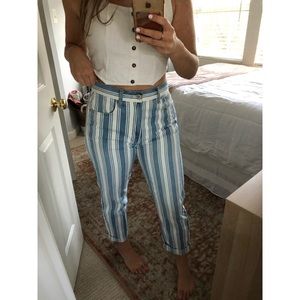 Blue and White Striped Mom Jeans
